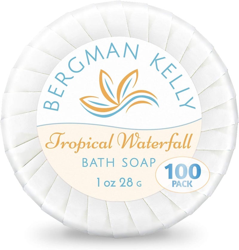 BERGMAN KELLY - Hotel Soap Bars in Bulk - Tropical Waterfall, 1 oz, 100 PK - Small Individually Wrapped Round Soap - Travel Size Mini Toiletries for Airbnb, Motel, Guest Bathroom - Image 1